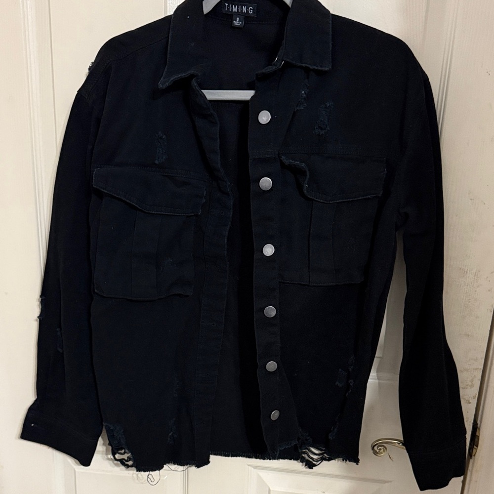 Timing Black Denim Jacket with Distressed Details